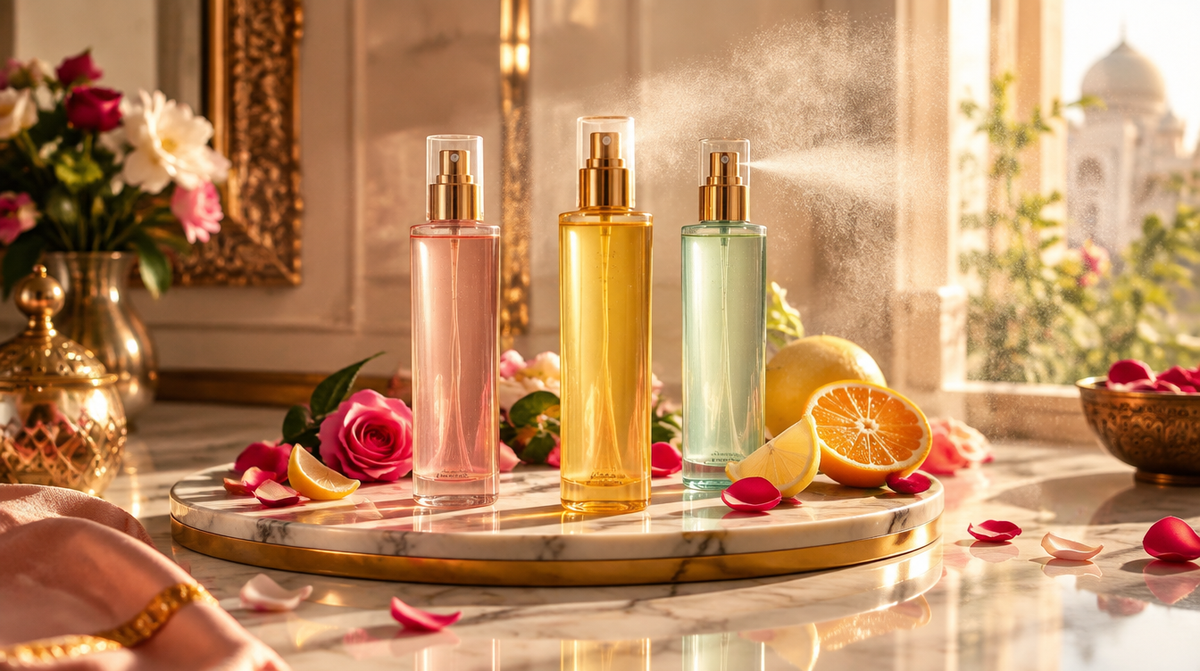 Three body mist bottles with a fine spray, citrus and rose petals on marble