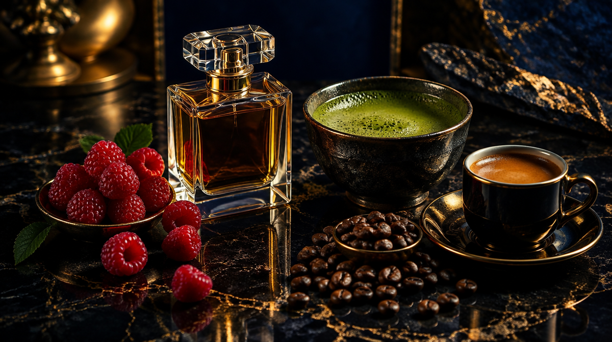Perfume bottle with raspberries, matcha and espresso on black marble
