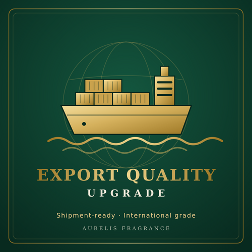 Export Quality Upgrade: gold cargo ship on a globe, Aurelis Fragrance