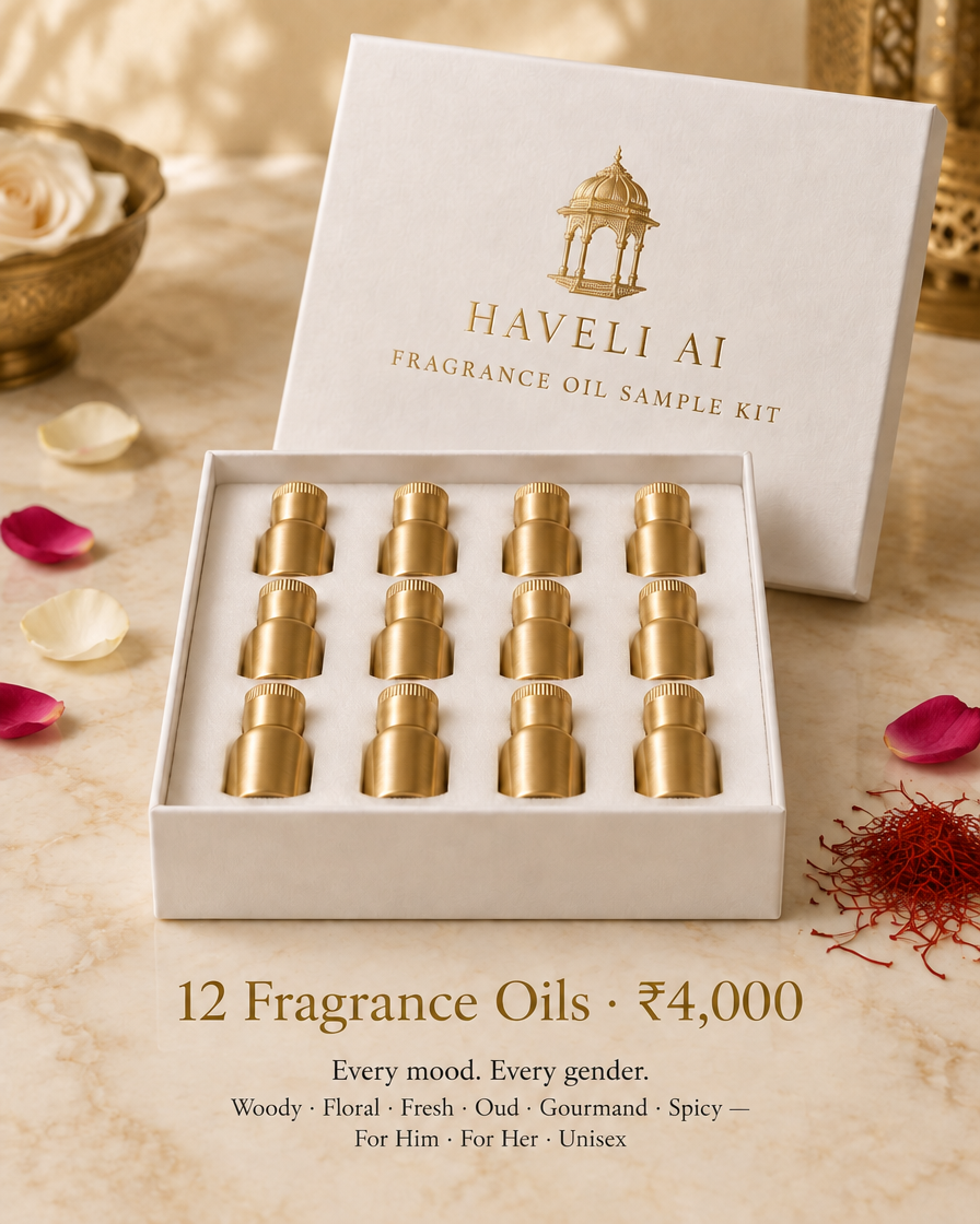 Haveli AI Fragrance Oil Sample Kit - 12 gold sample bottles in white box